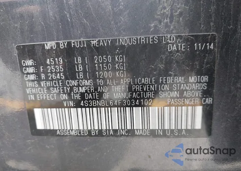 2015 Subaru Legacy 2.5I Limited z USA, uszkodzony, nr VIN 4S3BNBL64F3034102